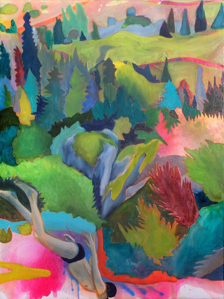 Wald- und Wiesenlandschaft mit Schwimmer