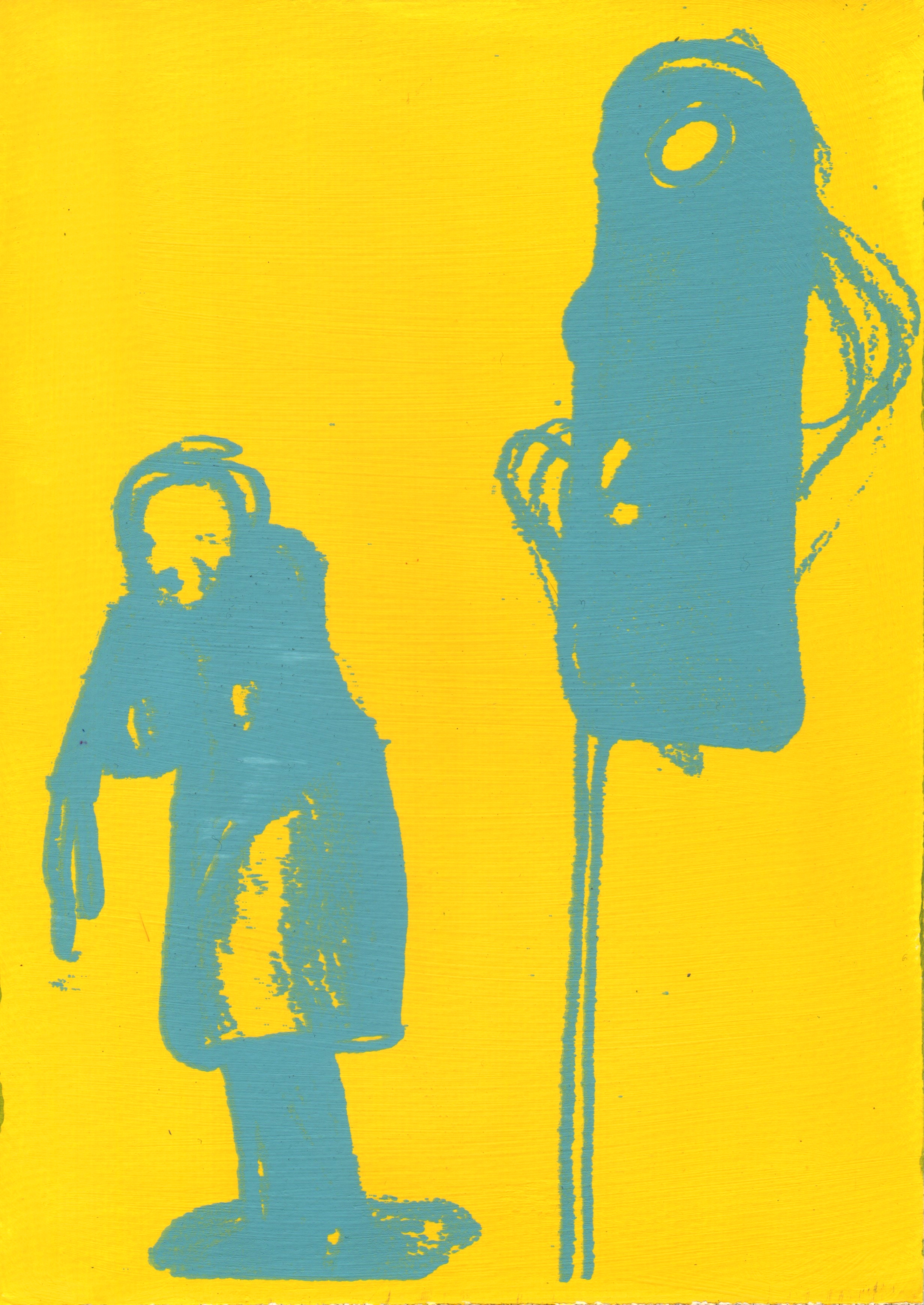 weibliche Figur mit Geist auf gelben Hintergrund