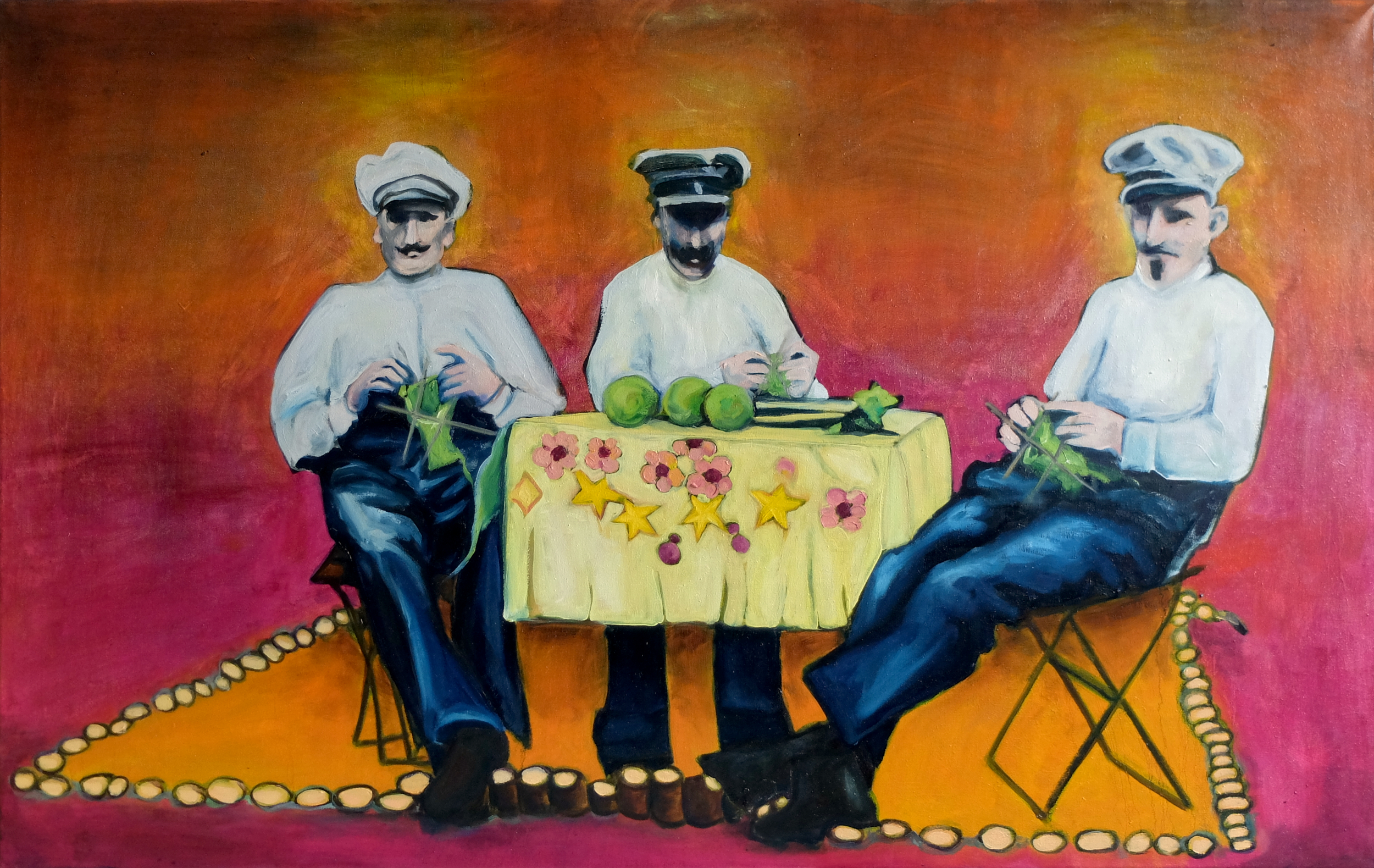 Drei deutsche Kolonialisten sitzen strickend in Afrika