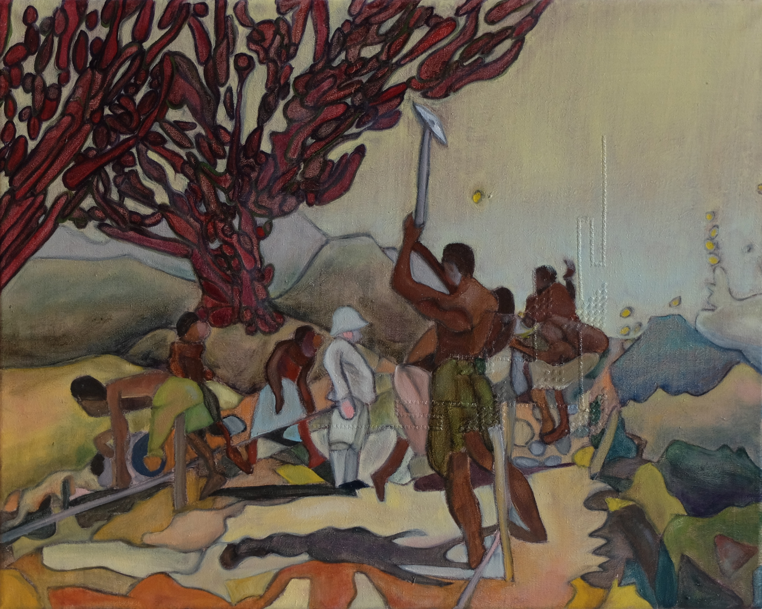 Afrikaner bauen ein Straße unter Aufsicht eines deutschen Kolonialisten