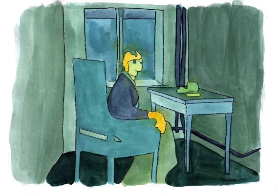 Frau im Sessel bei Tee