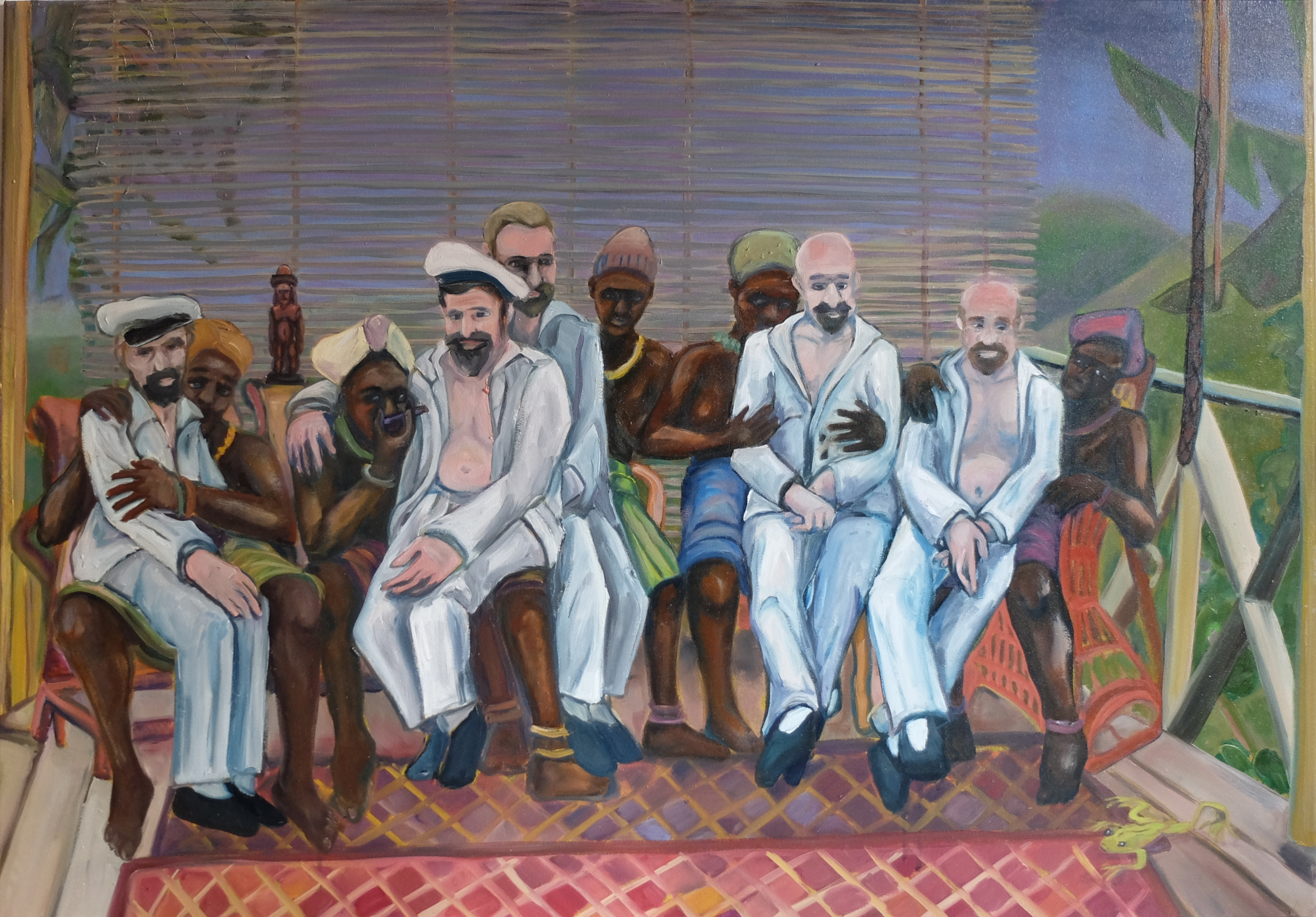 Deutsche Kolonisten sitzen auf den Schoß von einheimischen Frauen in Afrika